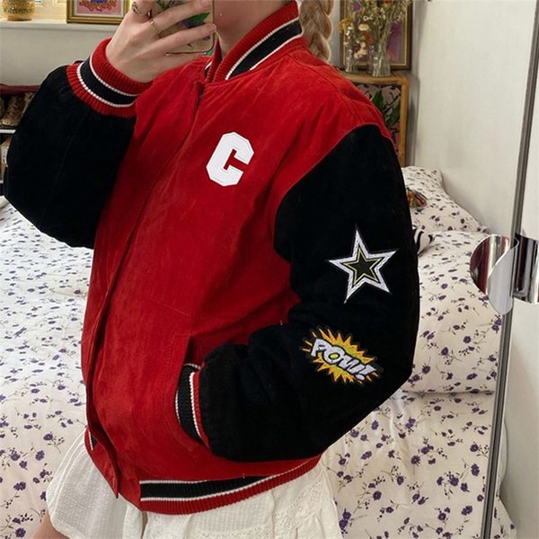 

womens jackets graffiti letter embroidery baseball jacket women velvet red varsity splice jackets autumn vintage casual baseball uniform 220, Black;brown