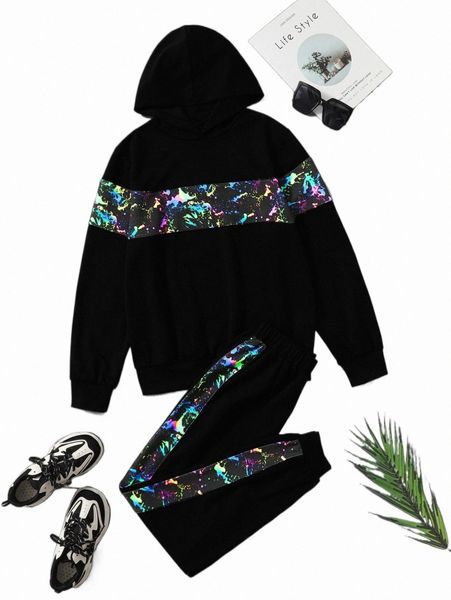 

two piece dress reflective brush stroke print hoodie & sweatpants q72p#, White