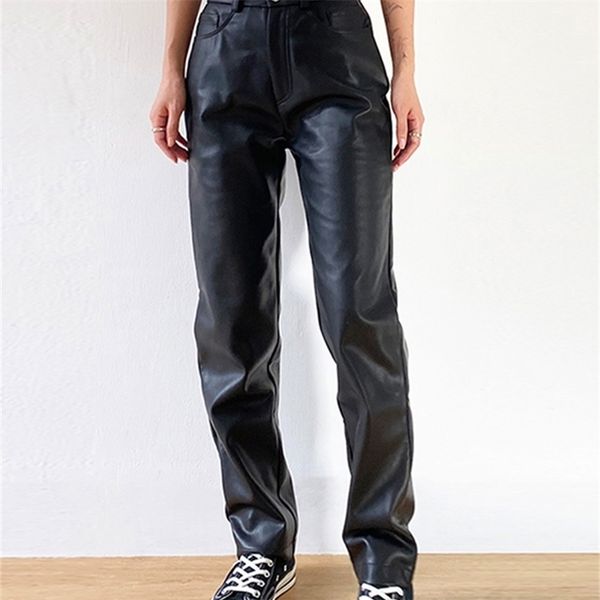 

women s faux leather pants high waist straight wide leg pu casual solid color trousers with pockets y2k baggy 220720, Black;white