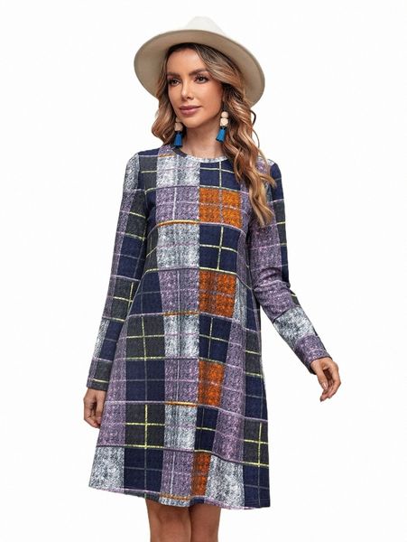 

casual dresses emery rose plaid round neck tunic dress o02m#, Black;gray