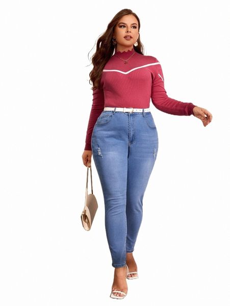 

plus size t-shirt plus chevron pattern scallop trim mock neck sweater w24c#, Black