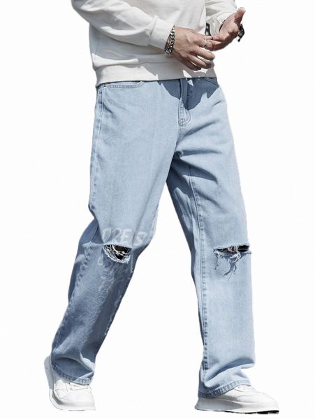 

men's jeans men letter graphic ripped frayed straight leg jeans i1m4#, Blue