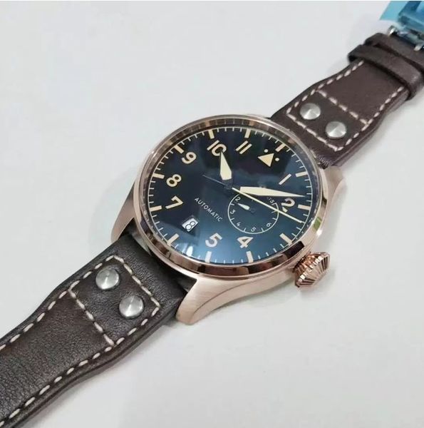 

classic new mens watch automatic mechanical big pilot le petit prince 7 day power reserve brown cow leather rose gold black watches, Slivery;brown