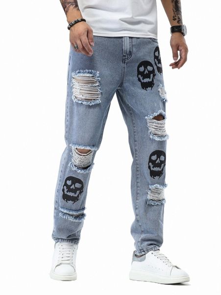 

men's jeans men skull print ripped straight leg jeans d0oe#, Blue