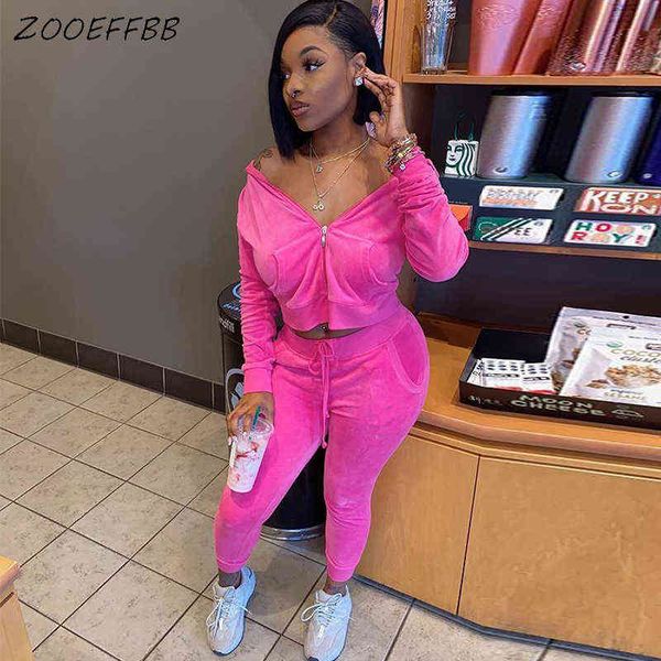 

women's two piece pants zooeffbb korea velvet 2 piece tracksuit women set hight street solid color full sleeve zip hoodies joggers pant, White