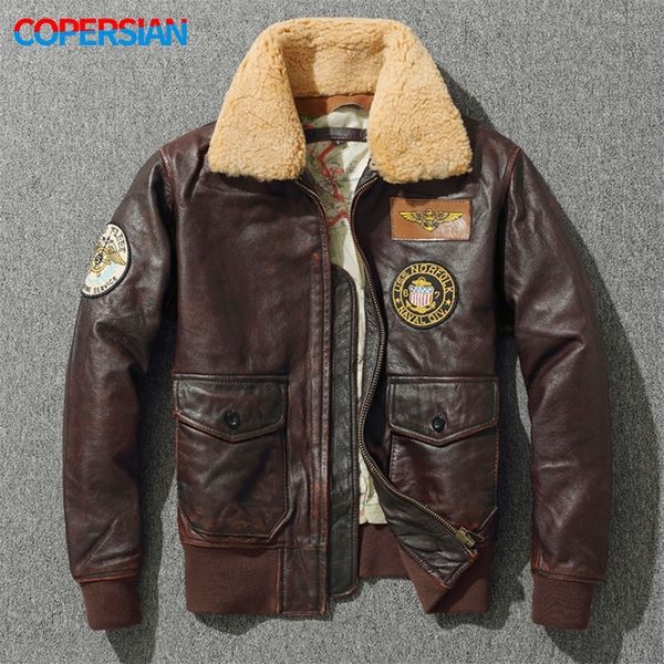 

men's leather faux g1 thick pilot jacket vintage brown loose coat wool collar classical military bomber 100% natural cowhide 220905, Black