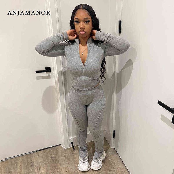 

women's two piece pants anjamanor gray tracksuit two piece set split stacked pants 2022 fall fashion women clothing sweatsuit matching, White