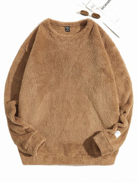 

men's hoodies & sweatshirts men solid drop shoulder teddy sweatshirt i3k8#, Black