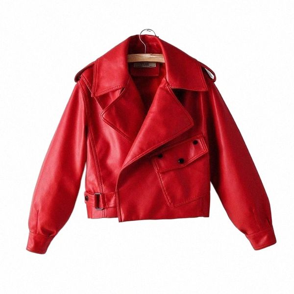 

women's leather & faux leather women's leather & faux pu jacket women lapel pocket slim short red black coat 2022 spring autumn ou