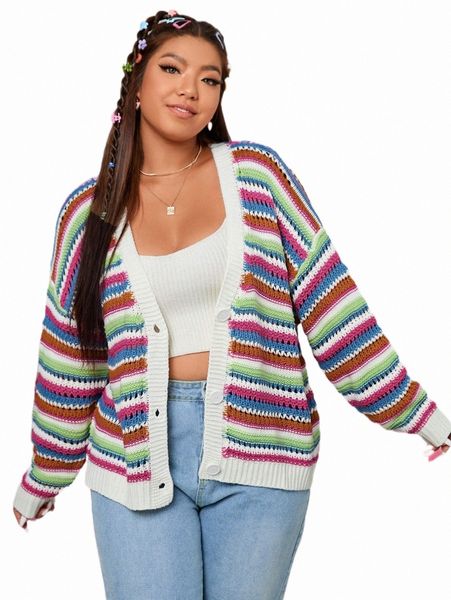 

plus size t-shirt plus block striped pattern drop shoulder cardigan o95u#, Black