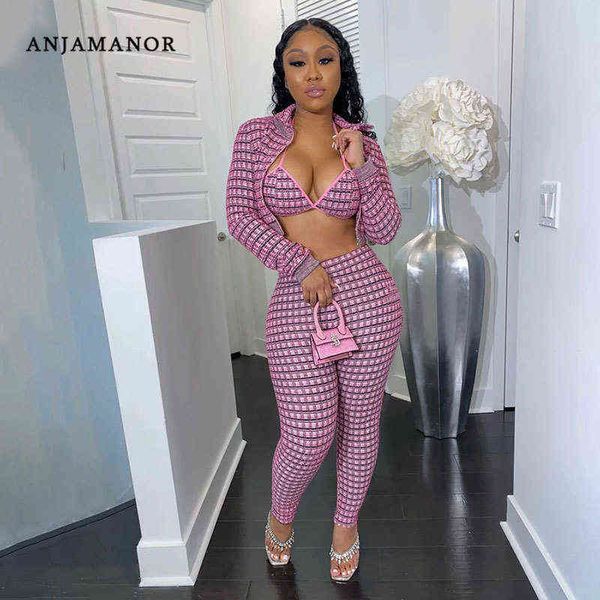 

women's two piece pants anjamanor spring 2022 plaid pink 3 piece set clothing club outfits jacket crop pants matching sets d25-eb42 t22, White