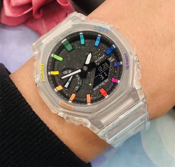 

2100 sports quartz digital men's watch iced out watch all hands can operate 8 colors led automatic hand raise light waterproof world ti, Slivery;brown