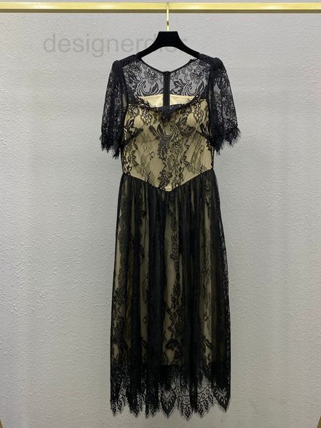 

casual dresses designer water soluble lace low cut fairy waist dress elegant fashion large skirt a-pleated summer cdki, Black;gray