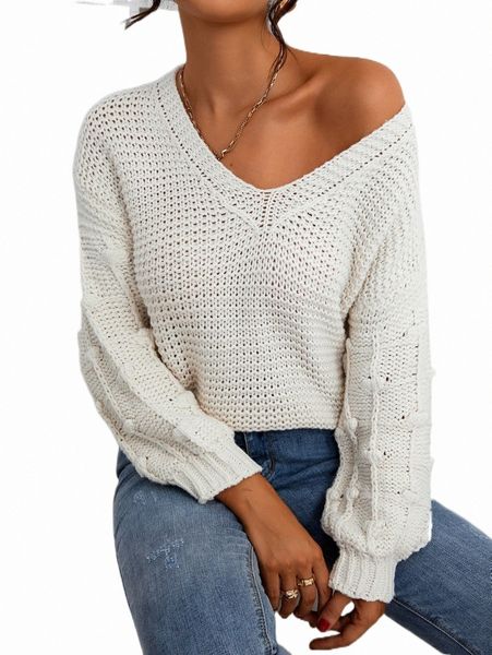 

women's sweaters drop shoulder pompom detail sweater g62m#, White;black