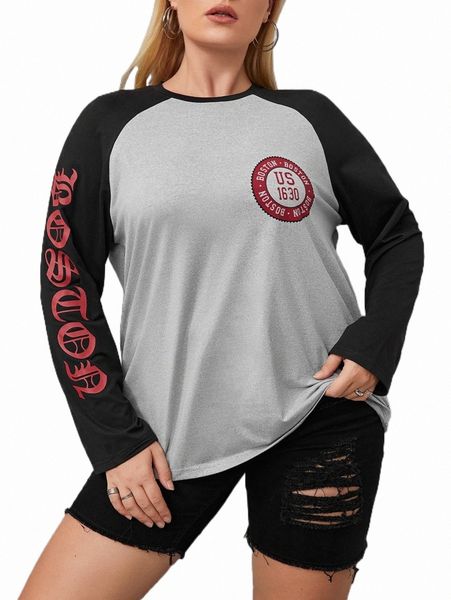 

plus size t-shirt plus letter graphic raglan sleeve tee v8ff#, Black