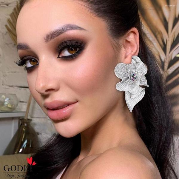 

dangle earrings godki luxury big flower blossom cubic zirconia drop for women fashion engagement party jewelry pendientes mujer moda, Silver