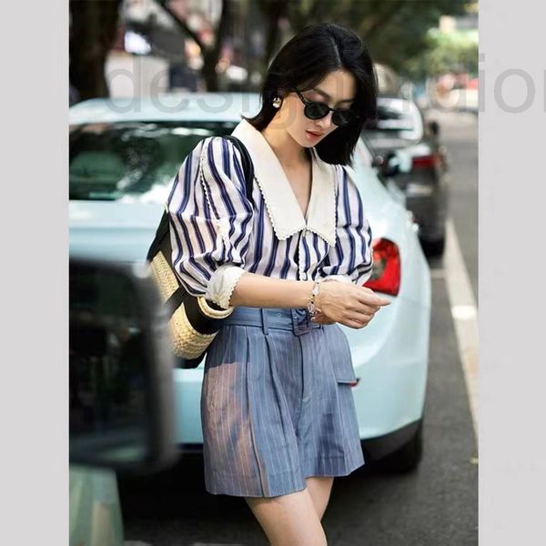 

women's blouses & shirts designer french style lace large lapel cotton color contrast stripe bubble sleeve shirt sr2q, White