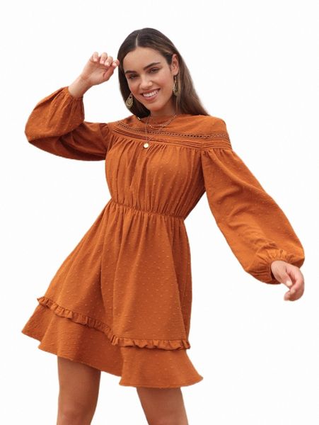 

casual dresses lantern sleeve frill trim swiss dot dress e8dp#, Black;gray