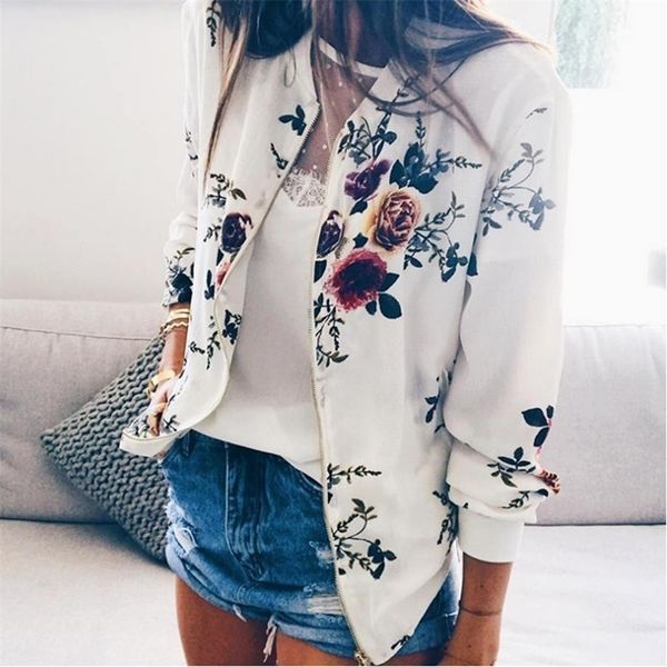 

womens jackets oversized 5xl bomber short jacket autumn women pockets zipper long sleeve coat female flower printed white jacket woman 22090, Black;brown