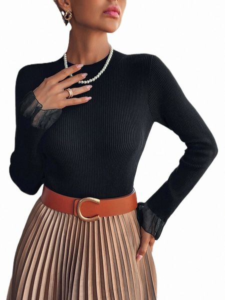 

women's sweaters knit mix mock neck flounce sleeve sweater u4bg#, White;black