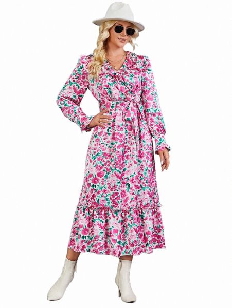 

casual dresses allover floral print ruffle hem belted dress 40iz#, Black;gray