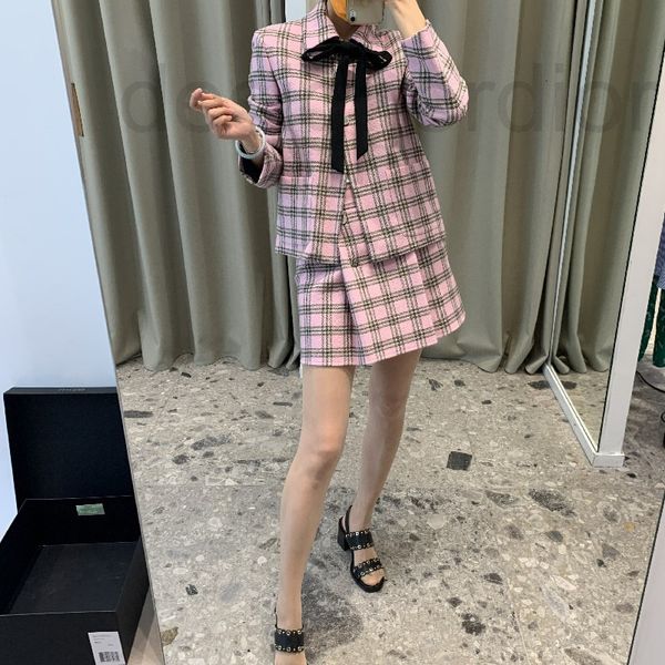 

women's tracksuits designer french single autumn / winter 2021 square neck lace up bow neck plaid coat pink suit academic style wh4b, Gray