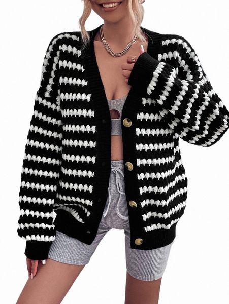 

women's sweaters striped pattern drop shoulder cardigan 03na#, White;black