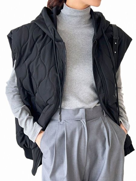 

women's down & parkas dazy 1pc drawstring hooded vest quilted coat v2et#, Black