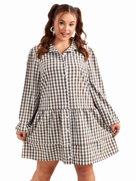 

plus size dresses plus gingham flounce sleeve ruffle hem smock dress e8mg#, Black