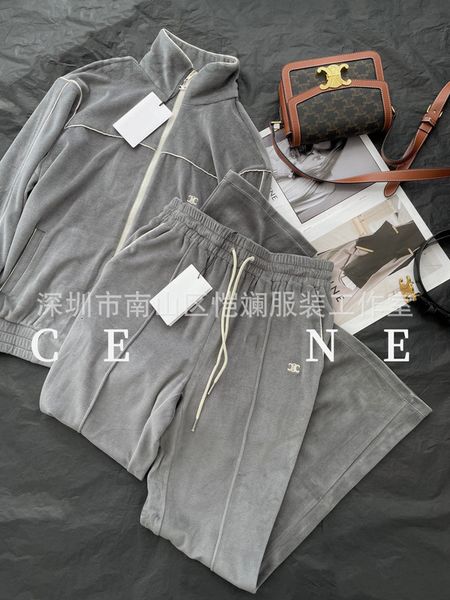 

women's tracksuits designer nanyou ce home 22 autumn winter new velvet sports hooded sweater jacket wide leg casual pants the same as l, Gray