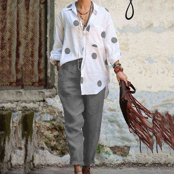 

women's two piece pants vintage polka dot print set women casual turn-down collar long sleeve and pants outfits female elegant loose t, White