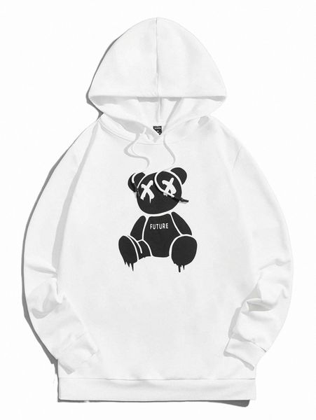 

men's hoodies & sweatshirts men bear print drawstring hoodie 192a#, Black