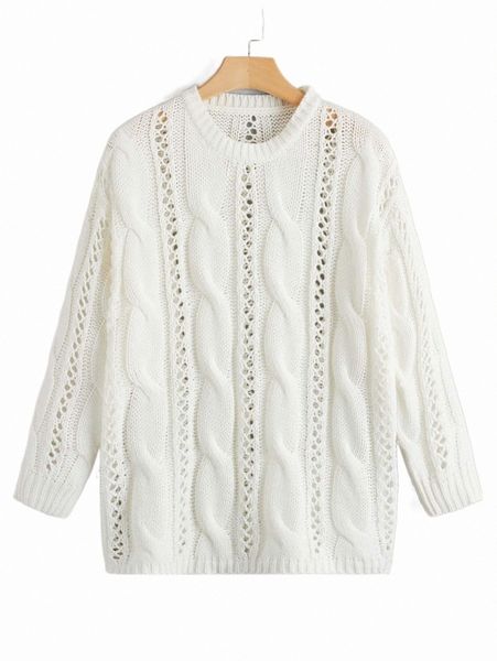 

plus size t-shirt plus eyelet detail cable knit sweater d4or#, Black