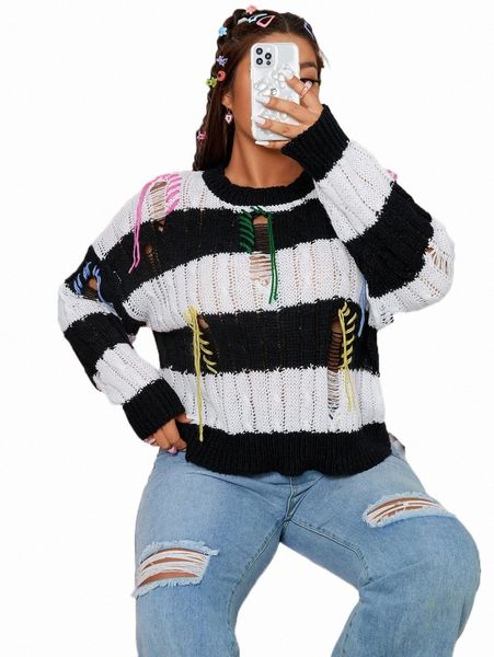 

plus size t-shirt plus two tone open stitch drop shoulder sweater 51ug#, Black