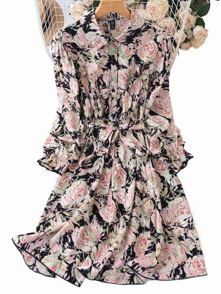 

plus size dresses plus allover floral print self belted shirt dress g71y#, Black
