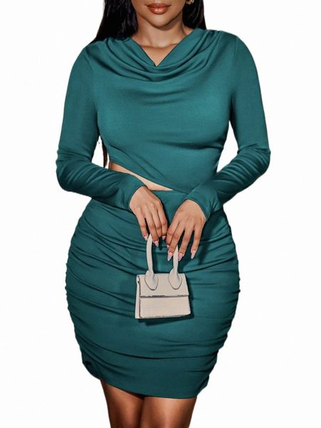 

casual dresses draped collar cut out ruched bodycon dress s9id#, Black;gray