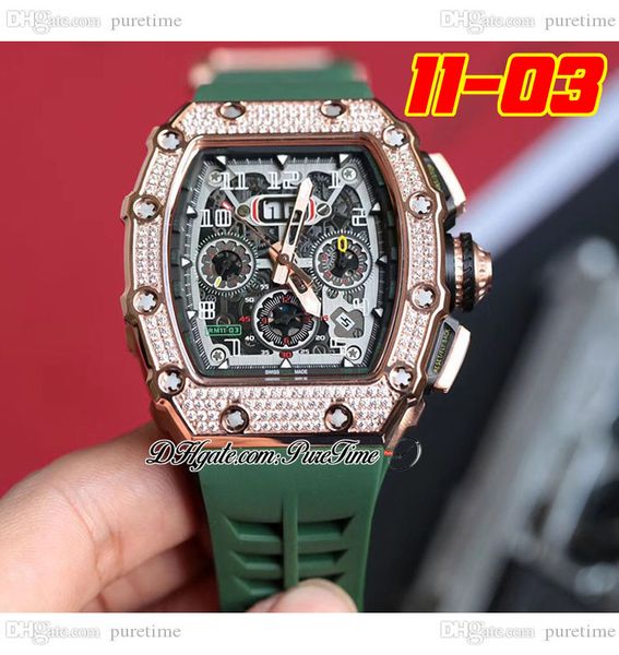 

2022 11-03 a21j automatic mens watch rose gold diamonds bezel skeleton dial big date red crown green rubber strap 8 styles watches puretime, Slivery;brown