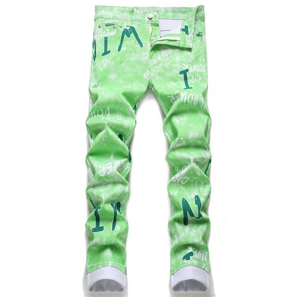

men's jeans 2022 street men's jeans letter printed cotton pocket pants for youngth people, Blue