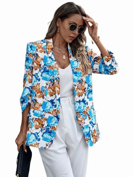

women's two piece pants floral print shawl collar blazer e6st#, White