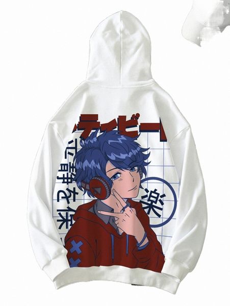 

men's hoodies & sweatshirts men letter and figure graphic drop shoulder drawstring hoodie 65f4#, Black