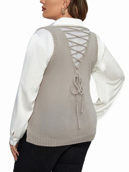 

plus size t-shirt plus 1pc lace up back split hem sweater vest l7ko#, Black