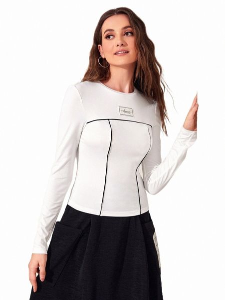 

women's t-shirt patch detail stitching tee y07p#, White