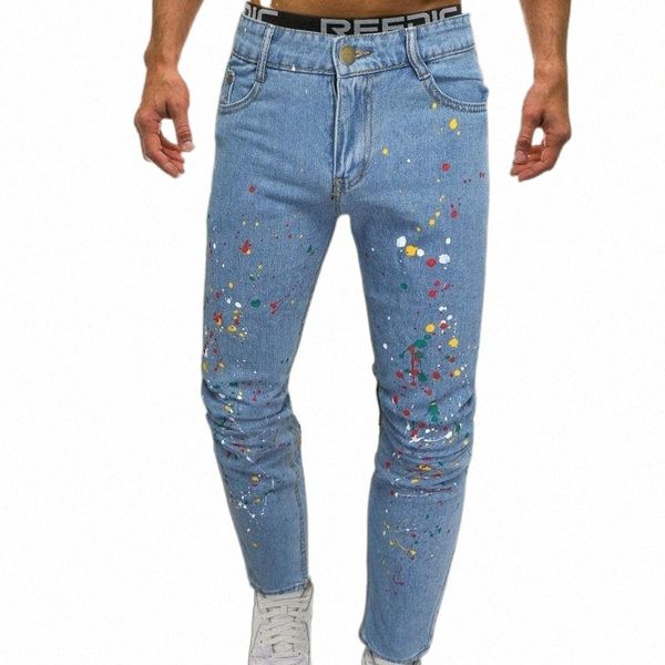 

men's jeans men's jeans casual mid-waist slim-fit printed drawstring with pocket men clothing vaqueros de hombre pantalon homme o0, Blue