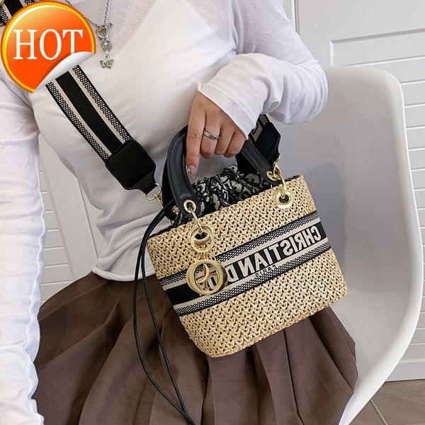 

new designer handbags2022 summer fashion romantic holiday style letter straw woven bucket diagonal evening clutches luxury handbags designer