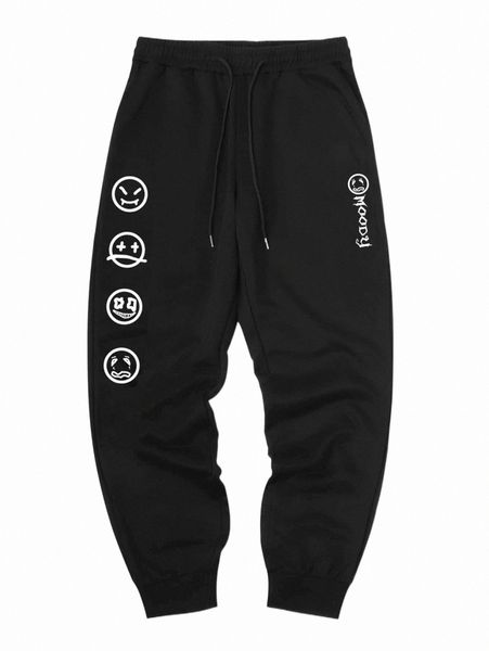

men's pants romwe guys expression print drawstring sweatpants j2xt#, Black
