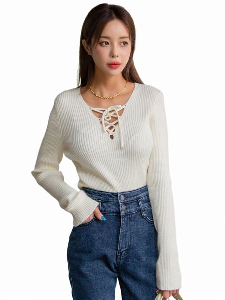 

women's sweaters dazy lace up front ribbed knit sweater 41sr#, White;black