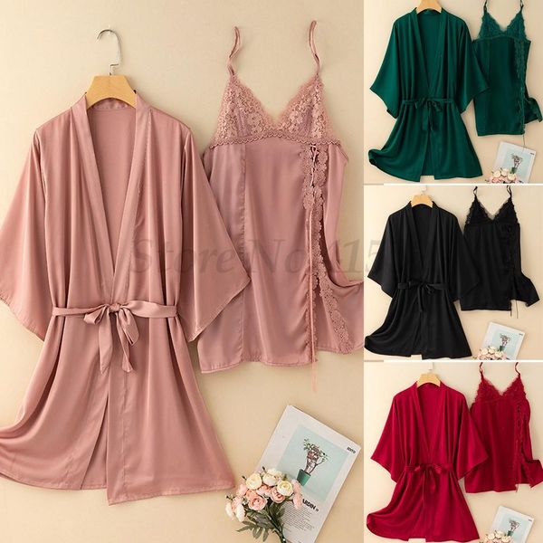 

split kimono robe set nightgown women sleepwear home dressing gown satin, Black;red