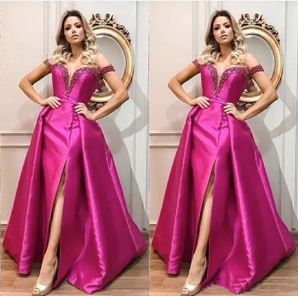 

fuchsia evening dresses with detachable train off shoulder beads sequin side split celebrity prom dresses satin red carpet party gowns, Black;red