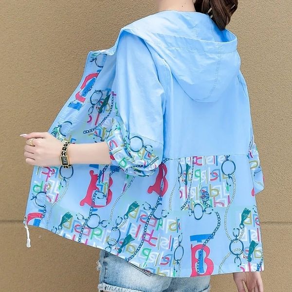 

women s jackets elegant womens anti uv breathable summer print sun protection clothing hooded thin loose short jacket female outerwear 2209, Black;brown