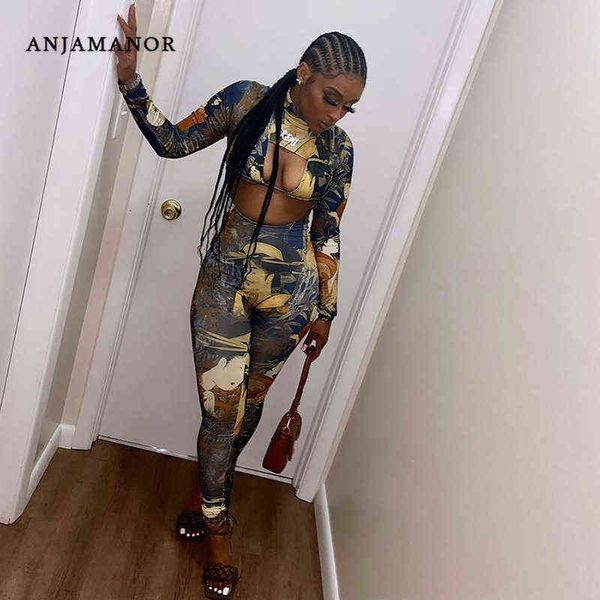 

women's two piece pants anjamanor vintage print 2 piece set hollow out long sleeve crop and pants matching sets club outfits for women, White